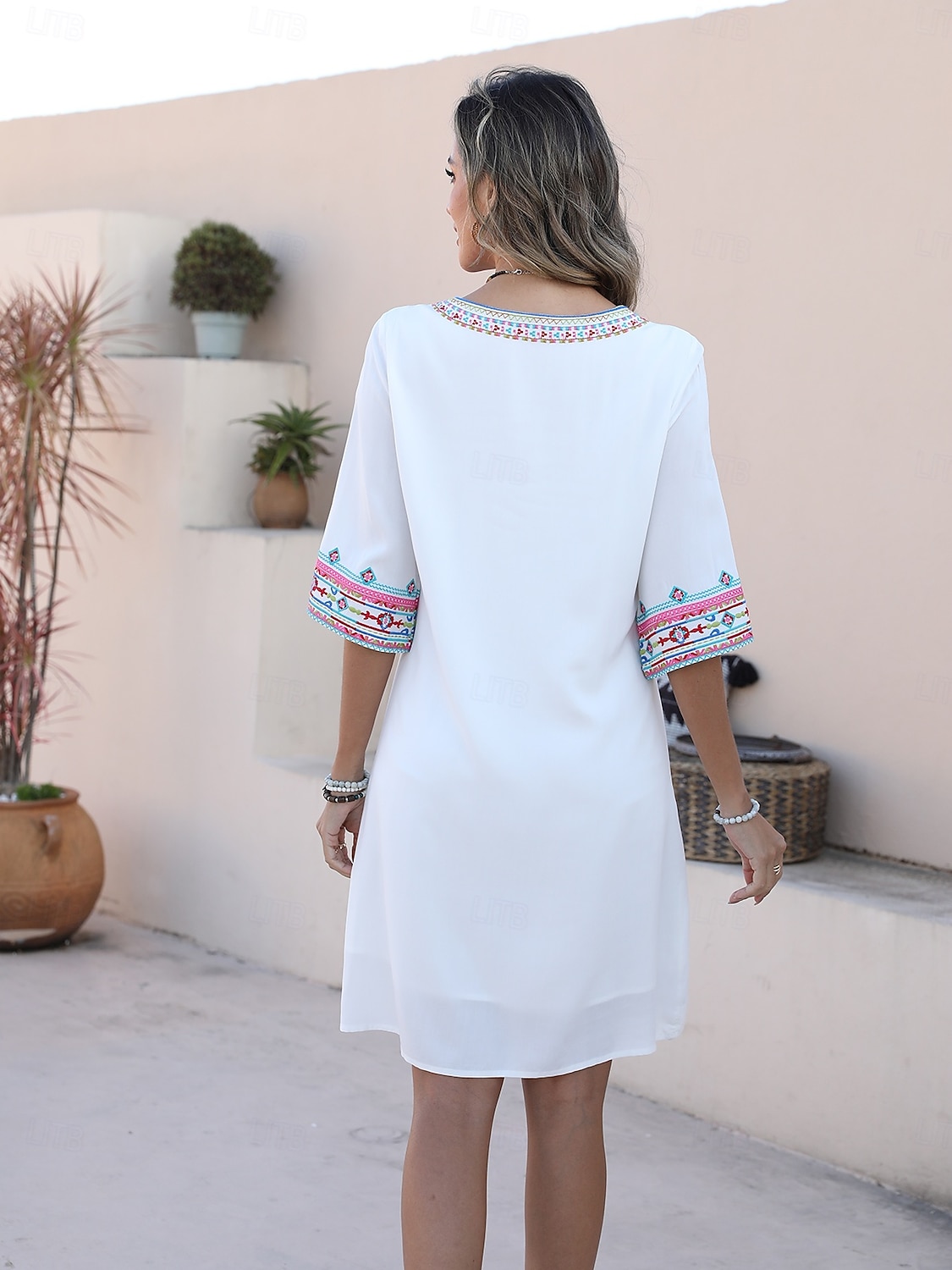 Valentine's Day Women's Normal Mini Dress Boho Chic Dresses A Line Dress Bohemia Stylish Classic Elbow Sleeve Vacation Party Casual Form Fit Floral Plain 3/4 Length Sleeve Crew Neck Black White Summer 2025 - $37.99 –P9