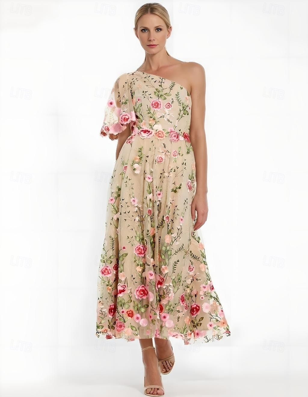 Blumengesticktes A-Linie Kleid Mutter der Braut Kleid Elegant Vintage Ein-Schulter Knöchellang Tüll Kurzarm mit Blume Hochzeitsgastkleid 2025 - $138.99 –P1
