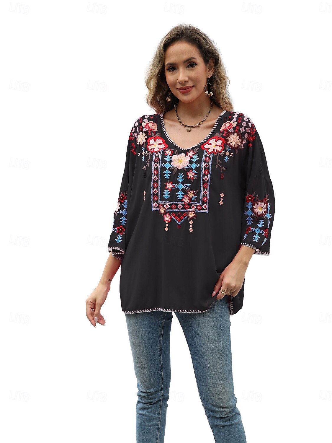 Dame Boho skjorte Helfarge Blomstret Bohem Daglig Luksuriøs 3/4 ermer 3/4-ermer Crew-hals Vanlige topper Arbeid Daglig Ut på byen Broderi Svart Gul Rose Rosa Sommer 2025 - $52.99 –P4