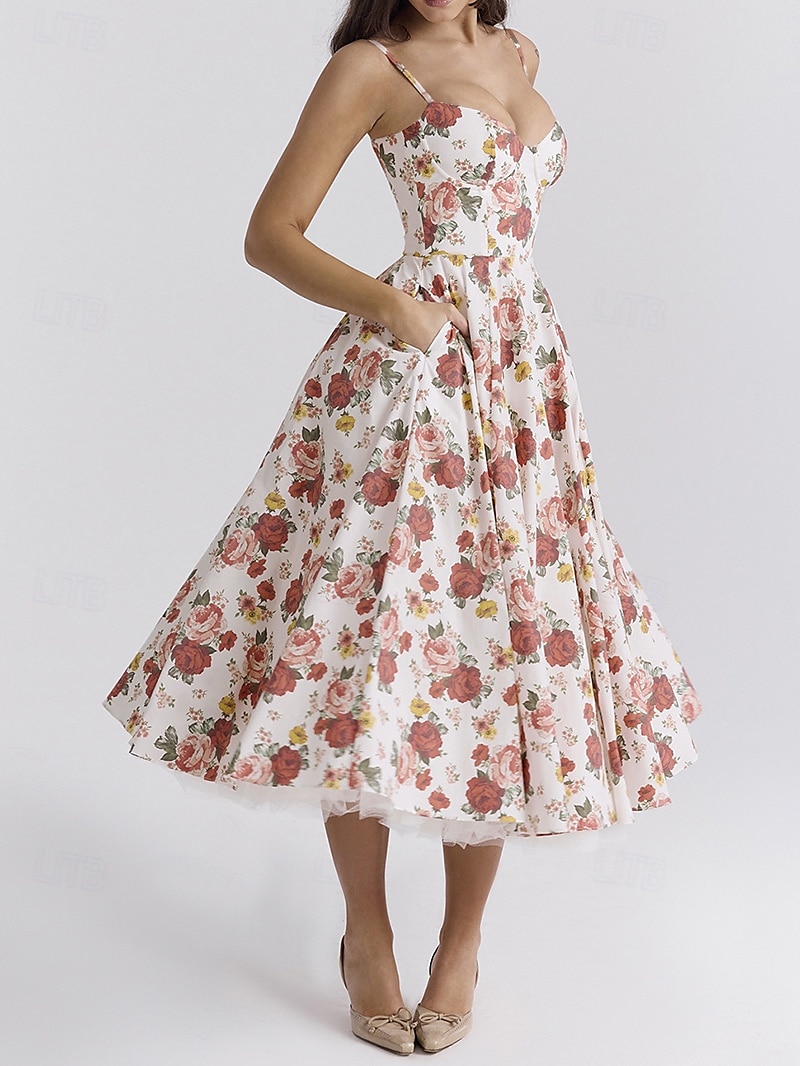 Retro Vintage 1950s Midi Dress Flare Dress Spaghetti Strap Corset Floral A-Line Women's Masquerade Wedding Vacation Tea Party Adults' Dress 2025 - GBP £21 –P2