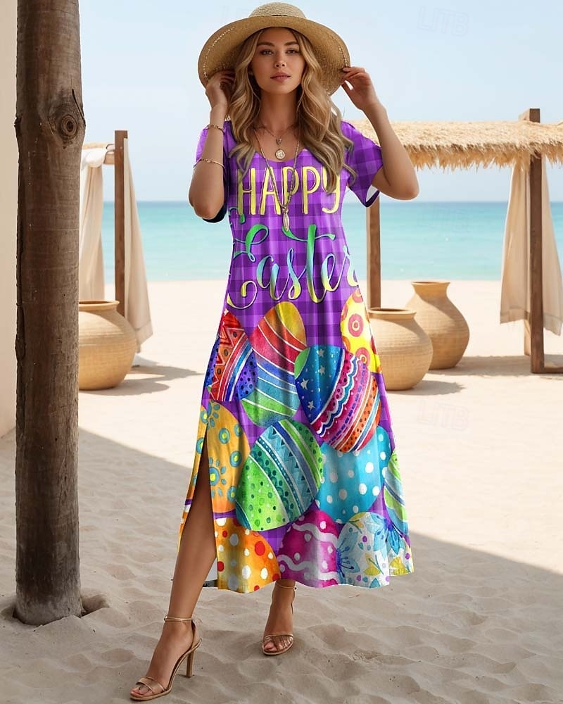 Påskens kvinnor Maxi-klänning Casual Klänning Sundress Semester Tropisk Hawaii Fjäril ärm Semester Strand Regular Fit Brev Kort ärm Crew Neck Lila Sommar 2025 - $22.99 –P1