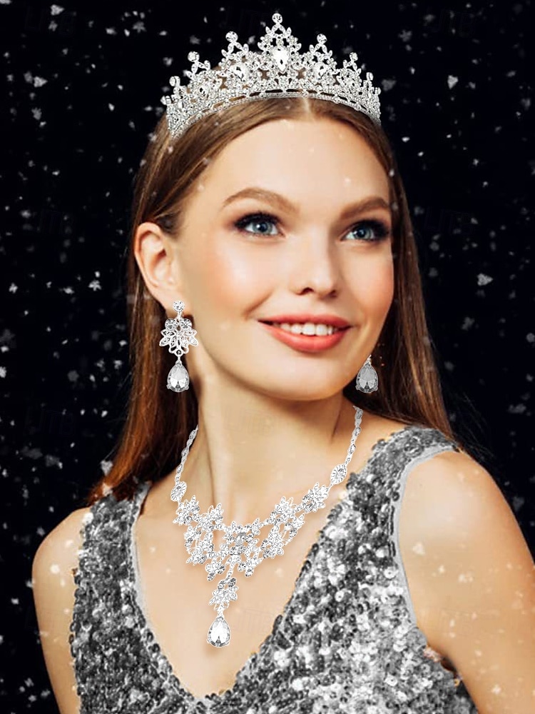 Zilveren tiara met strass steentjes en sieradenset voor dames – elegante ketting, oorbellen en kroon voor bruiloften, optochten en speciale gelegenheden 2025 - $19.99 –P2