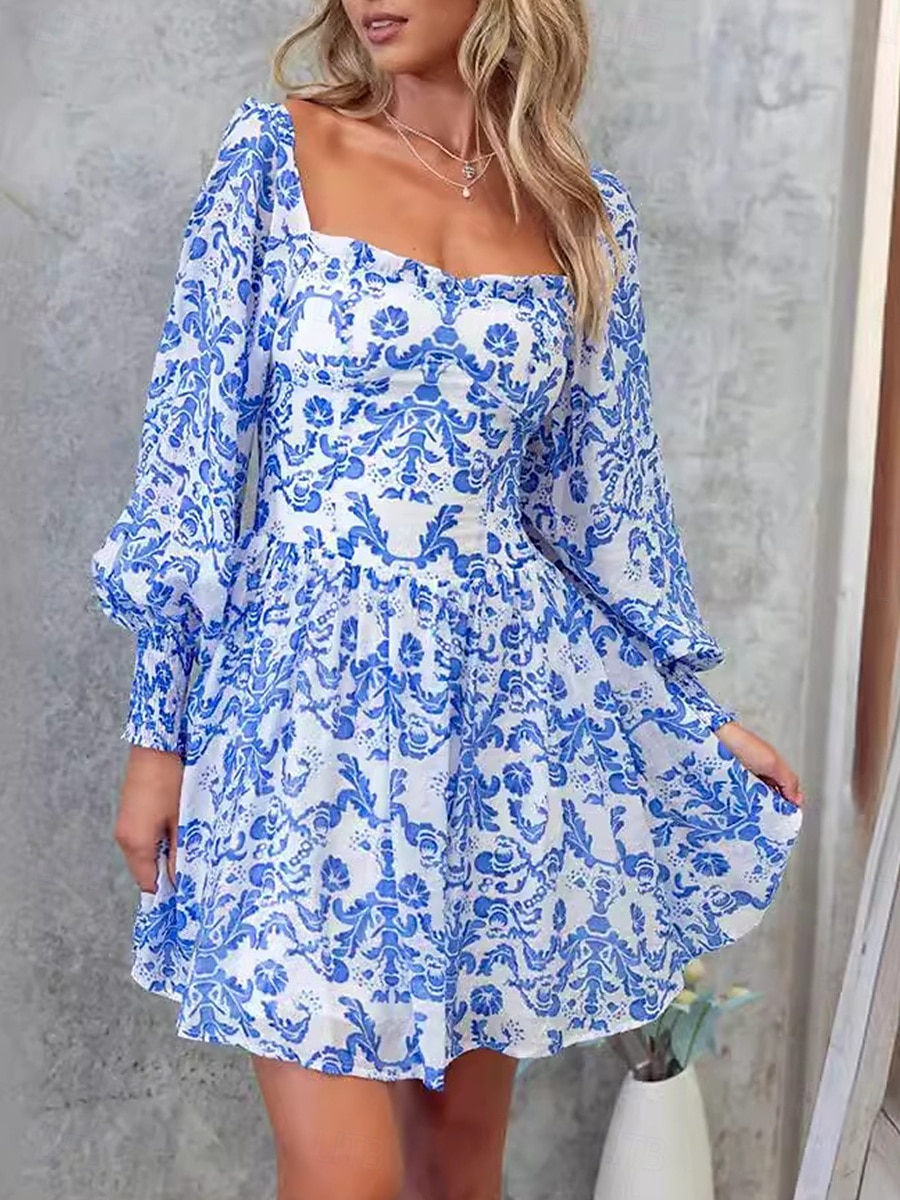 Dam Mini klänning Korsettklänning A linjeklänning Milkmaid klänning Puffärmsklänning Semester Semester Dagligen Normal Grafisk Långärmad Fyrkantig hals Blå Sommar 2025 - $36.99 –P1