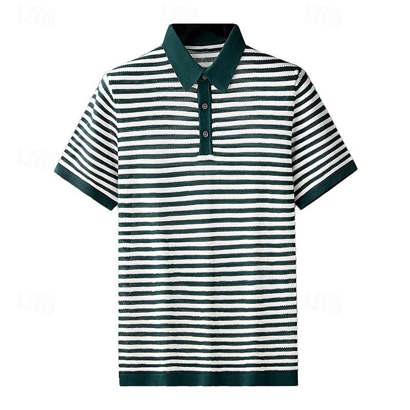 Men's Polo Knit Polo Sweater Business Casual Lapel Short Sleeve Formal Stripes Buttons Summer Black Light Green Dark Green Brown Polo 2025 - $30.99 –P4