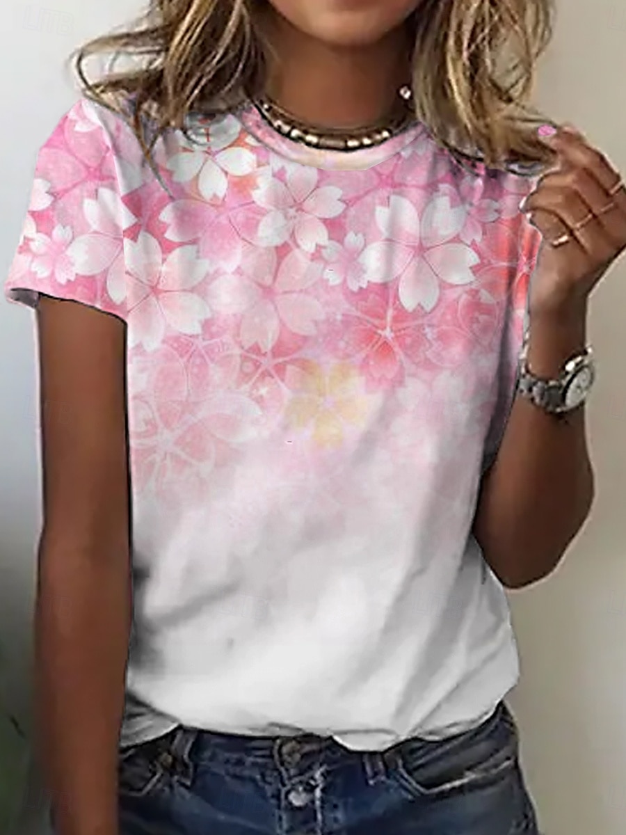 Women's T Shirt Floral Casual Short Sleeve Round Neck Regular Tops Daily Print Pink Summer 2025 - $19.99 –P1