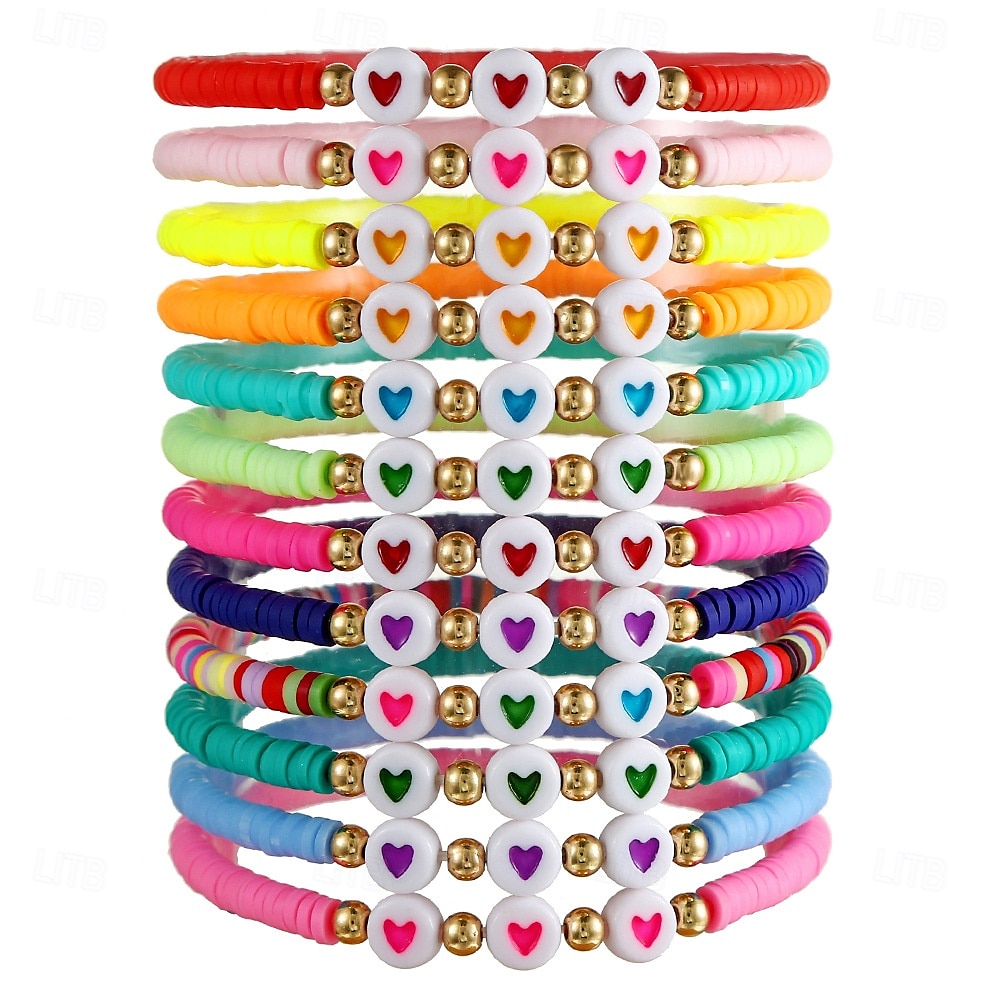 12st glöd-i-mörkret hjärtformade pärlor mjuk lera ccb elastiskt armbandsset, blandad färg, mode 2025 - $12.99 –P4