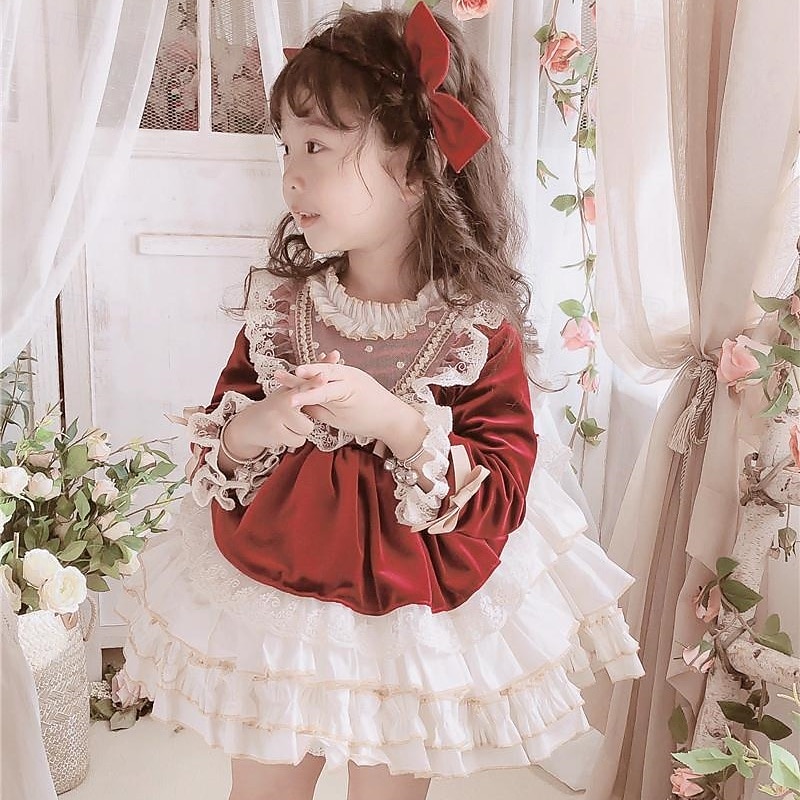 kinderkleidung Mädchen Kleid Lolita Kleid Farbblock Langarm Leistung Party Spitze Patchwork bezaubernd Kostüm Polyester Knielang Spitzenkleid Casual kleid Sommer Frühling 4 Jahre + Rosa Wein Rote 2025 - $54.99 –P10