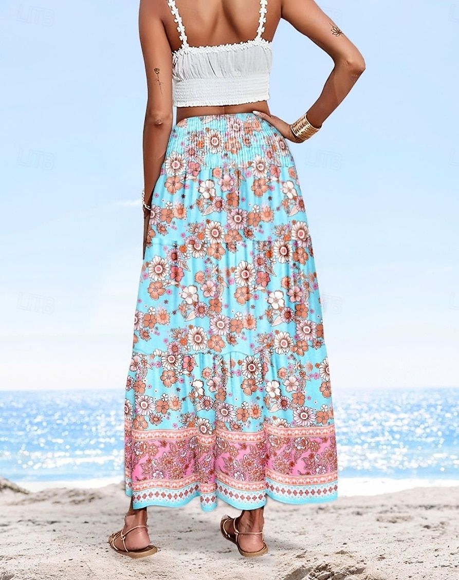 Zomer Hoge Taille Lange Gedrukt A-lijn Rok Bloemen Rok Vrouwen Casual Strand Faldas Vrouwelijke Boho Elastische Taille Vakantie Maxi Rokken-Lavendel, L
