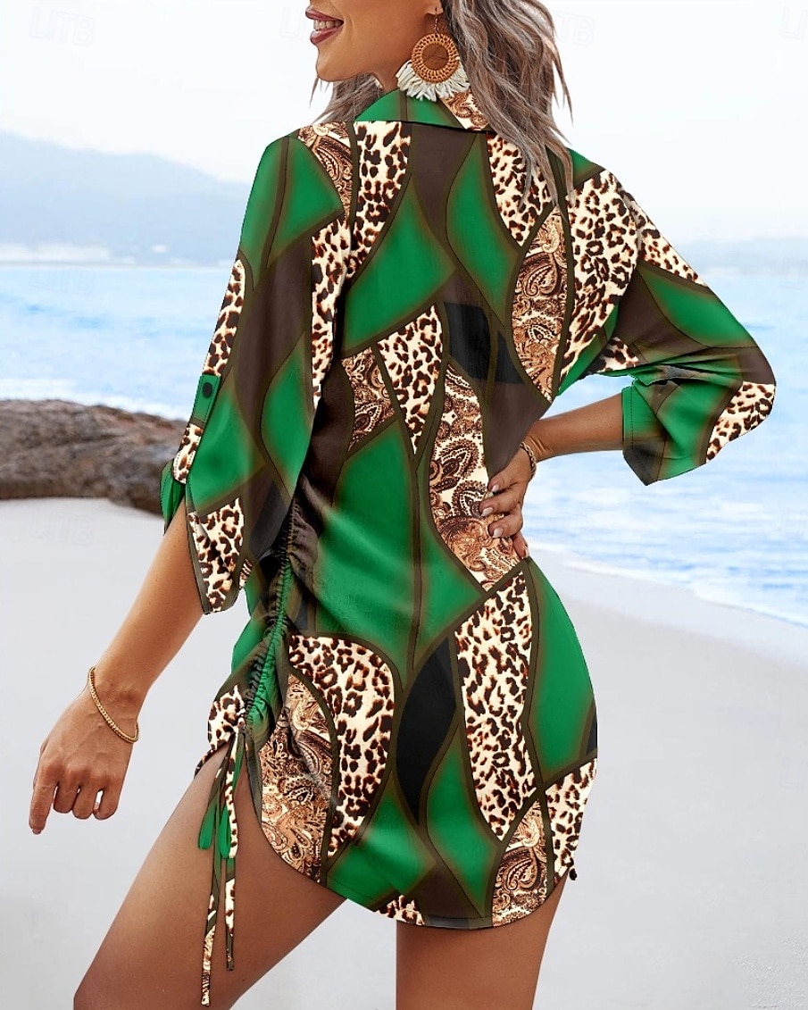 Dame Mini kjole Sexy kjole Elegant kjole Elegant Normal Leopard Geometrisk Langermet V-hals Gul Rød Blå Grønn Høst 2025 - $22.99 –P4