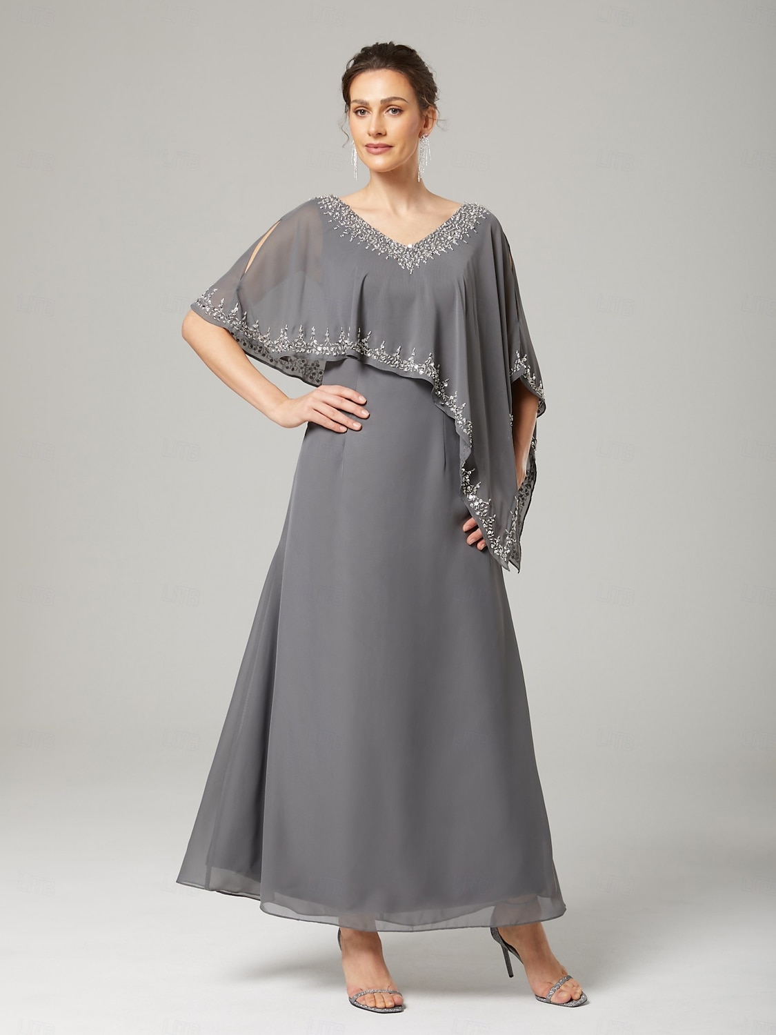 Abito madre della sposa a colonna  a sheaths elegante scollo a V lungo fino al pavimento in chiffon maniche a metà con perline del 2025 a $213.99 –P1