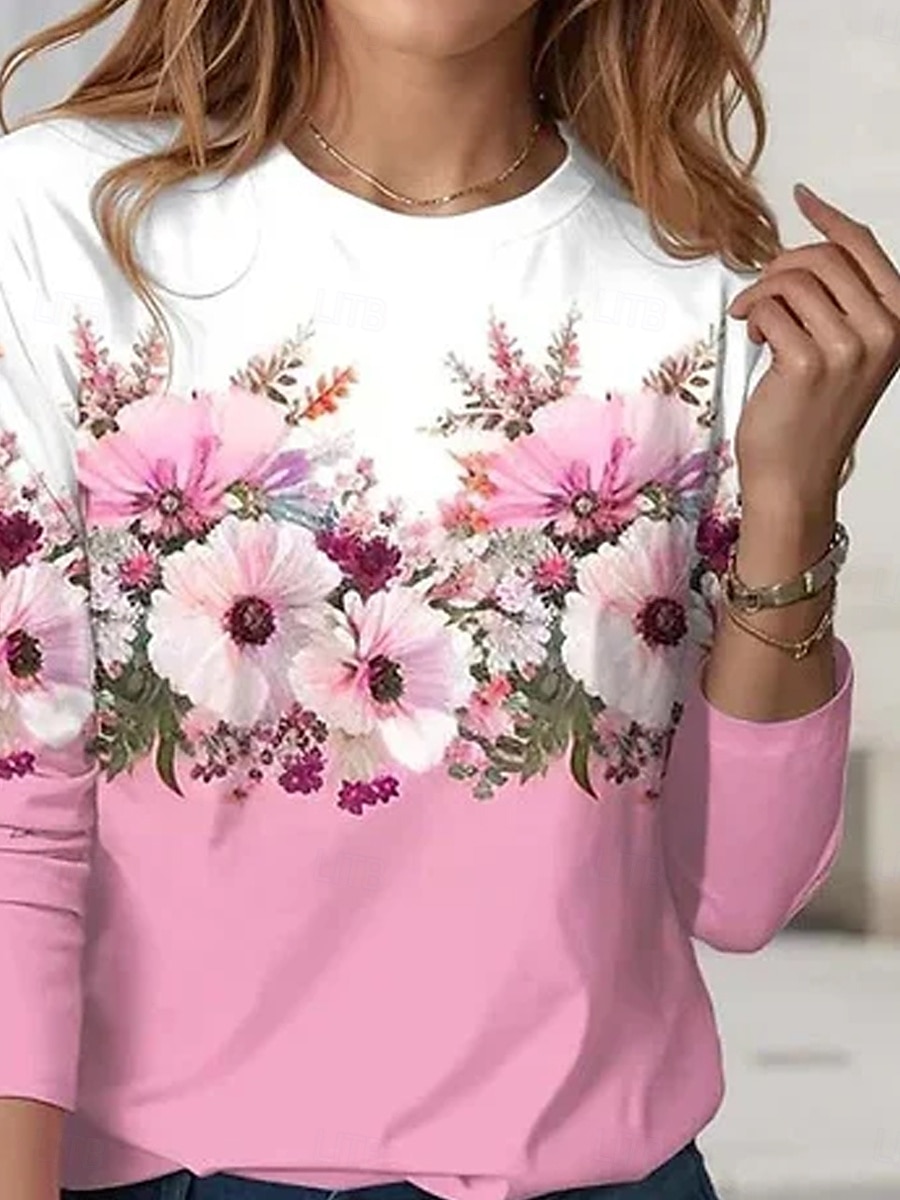 Dame T skjorte Blomstret Elegant Årgang Mote Langermet Crew-hals Vanlige topper Daglig Ut på byen Helg Trykt mønster Rosa Sommer Vår 2025 - $22.99 –P2
