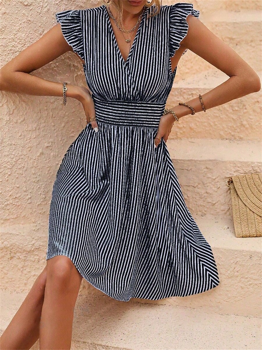 Pentru femei Rochie Mini Rochie casual Rochie A line Stilat Casual Vacanță Casual Zilnic Fit regulat Dunga Manșon scurt În V Negru Albastru celest Vară 2025 - $24.99 –P8