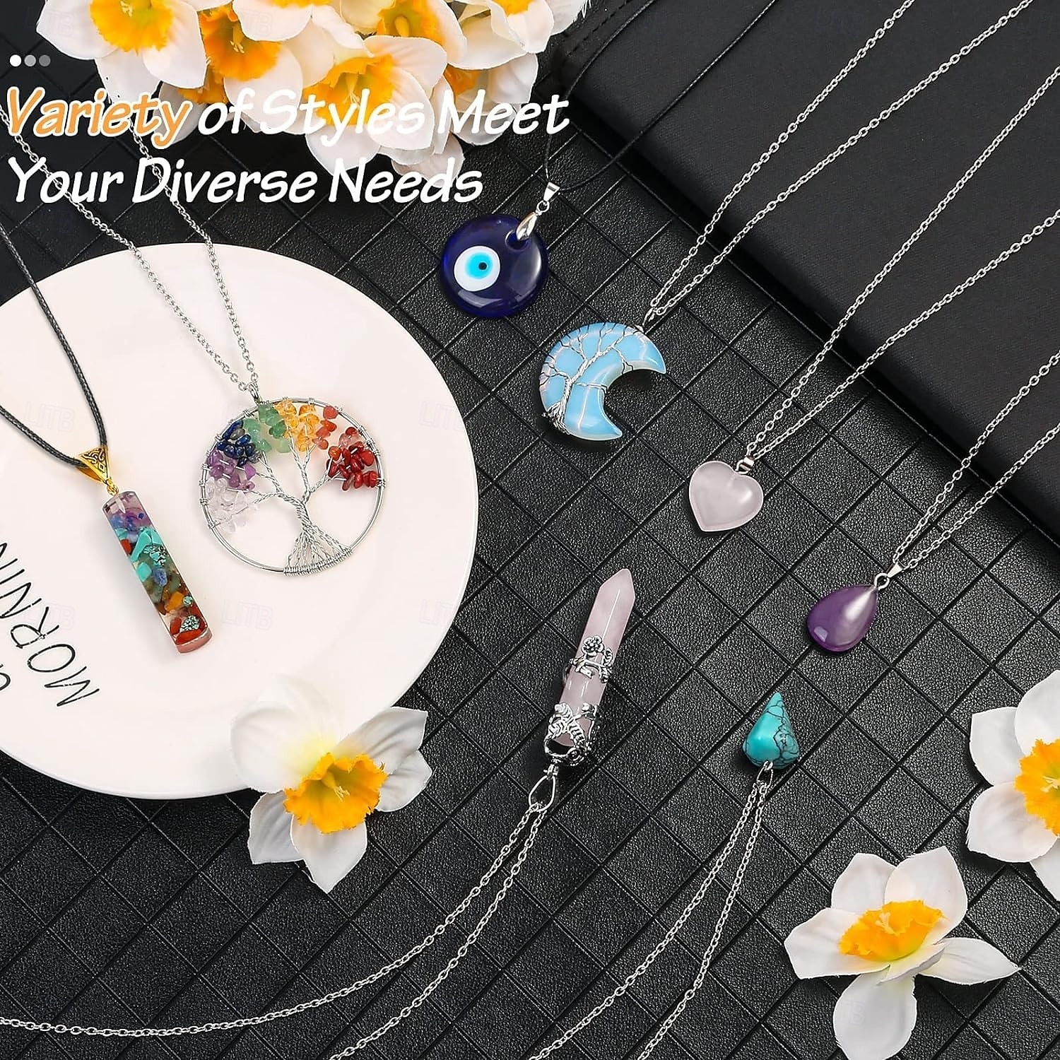 Colar com pingente de cristal de 16 peças, coluna hexagonal de ametista, fio trançado de mau olhado, colar com pingente de árvore da vida de 2025 por $33.99 –P5