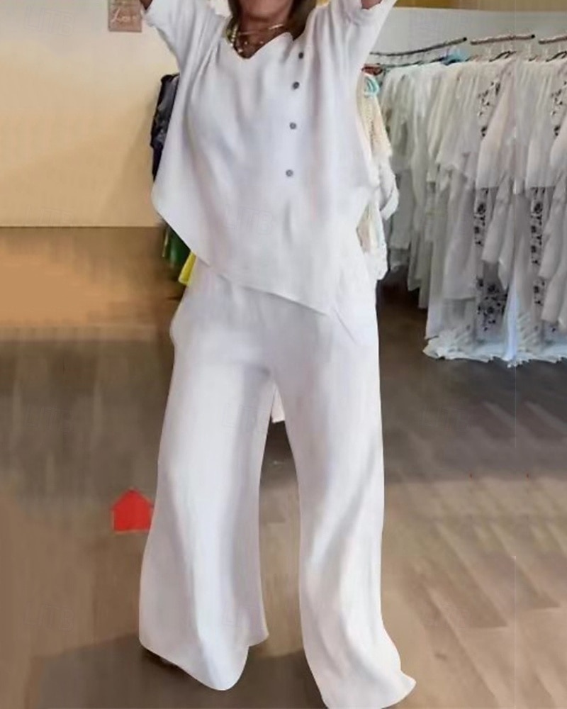 Per donna Moda Streetwear Camicia Set di biancheria in cotone Set da due pezzi Pantaloni di Lino Pantaloni Manica Lunga Scollo a V Tinta unica Ferie Abbigliamento quotidiano Nero Bianco Blu marino del 2025 a $41.99 –P1