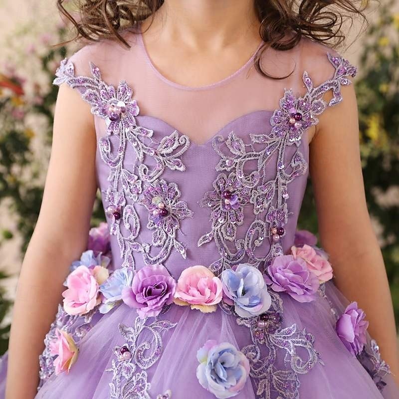 Blomsterpikekjole Barn Jente Prinsesse kjole Ytelse Bryllup Fest Elegant Vakker Netting Helfarge Ermeløs Crew-hals Lilla 4 år + 2025 - $58.99 –P5