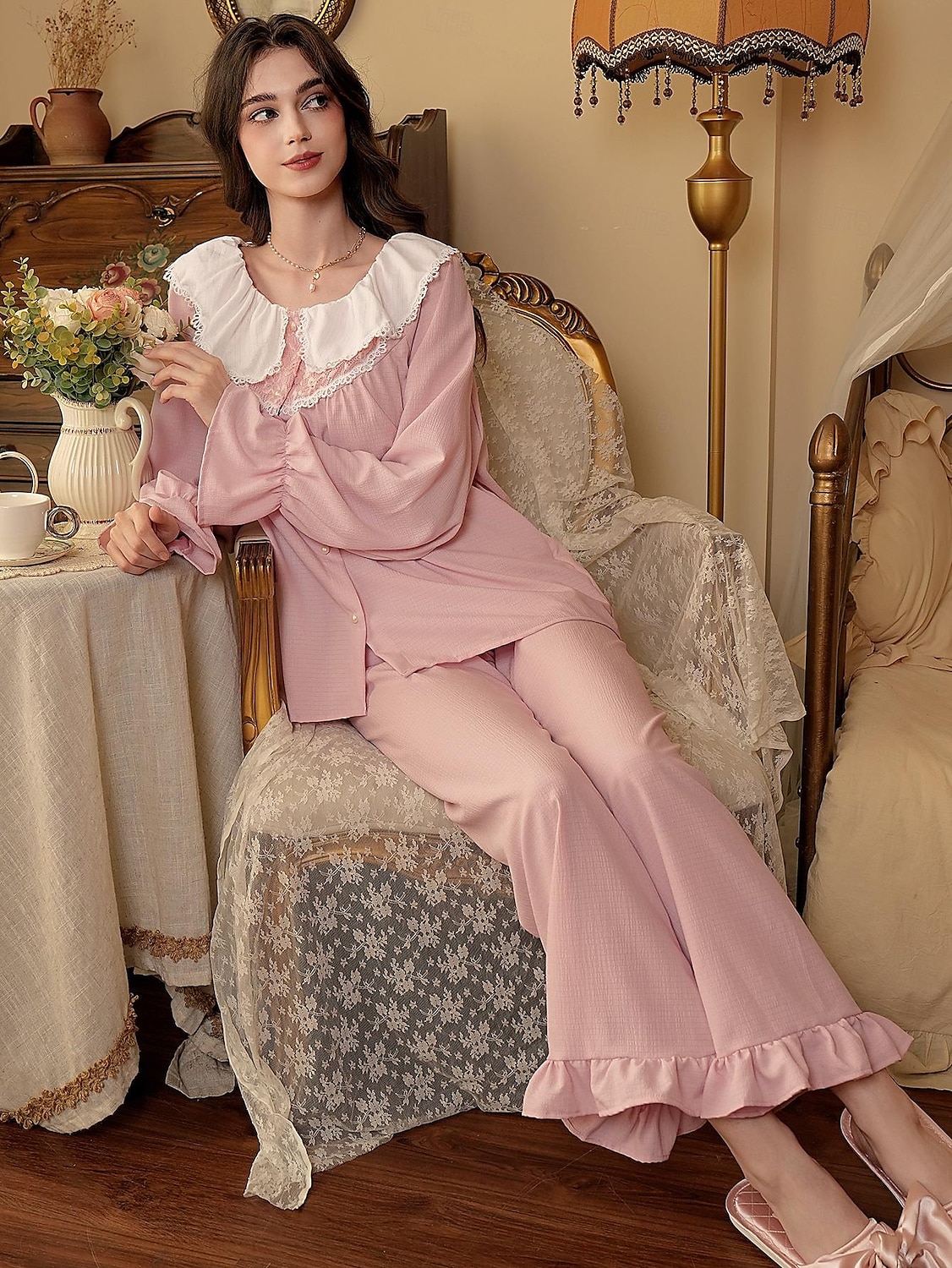 Women's Pajamas Loungewear Pajama Set Simple Comfort Sweet Pure Color Lace Ruffle Buttons Cardigan Pant Home Gift Daily Long Sleeve Lapel Pink Summer Spring Fall Winter Loose Fit 2025 - $25.99 –P5