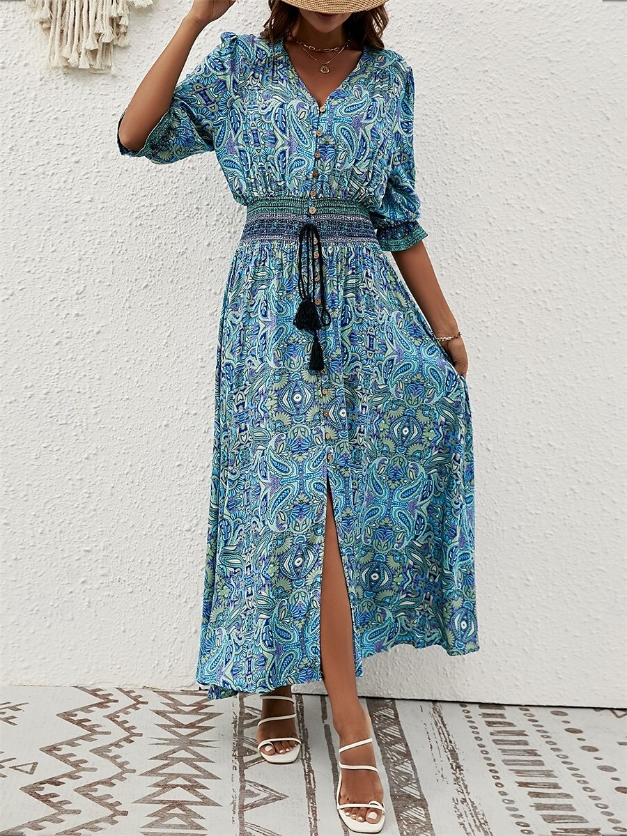 Per donna Vestito maxi Abito casual Abito Boho a maniche lunghe Abito boho Boemia Moda Essenziale Da mare Informale Giornaliero Standard Pop art Manica a 3/4 A V Marrone rossastro Blu Estate del 2025 a $42.99 –P4