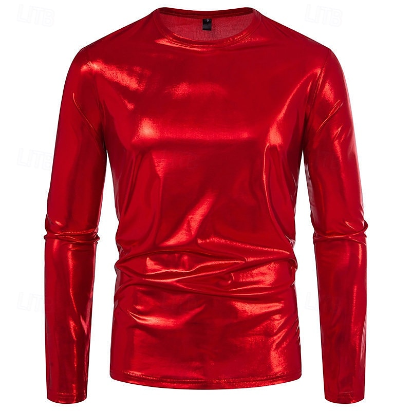 Men's Tee Tee Top Long Sleeve Shirt Long Sleeve Crew Neck Spring &  Fall Plain Fashion Designer Shiny Metallic Vacation Street Going out Silver Green Red Top Tee for Men 2025 - $21.99 –P7