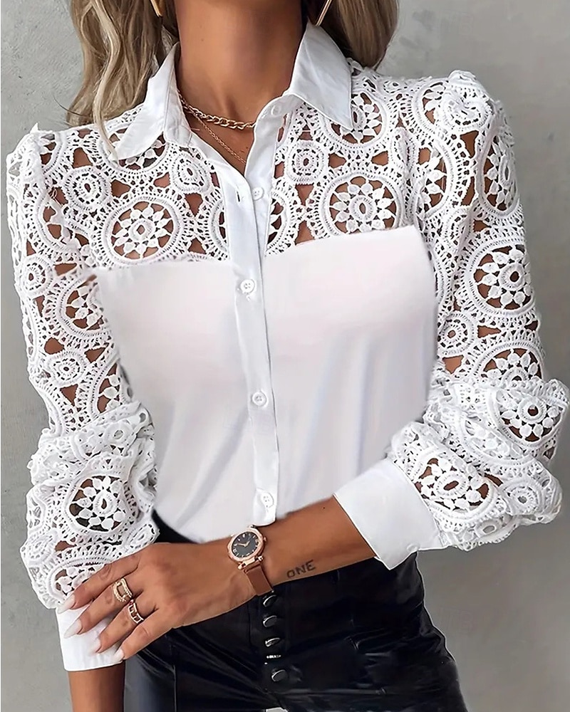 Women's Blouse Eyelet top Lace Tops Plain Daily Stylish Basic Long Sleeve Shirt Collar Regular Tops Work Daily Holiday Hollow Out Buttons White Spring Fall 2025 - $22.99 –P1