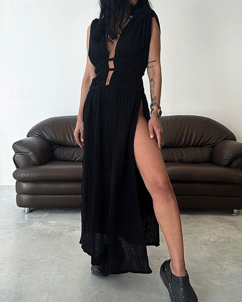 Pentru femei Rochie Lunga Rochie Maxi Rochii inspirate din in Rochie în carouri Rochie casual Rochie de vară Modă În aer liber Concediu Dată Fit regulat Simplu Fără manșon În V Negru Maro Bej Var 2025 - $36.99 –P7