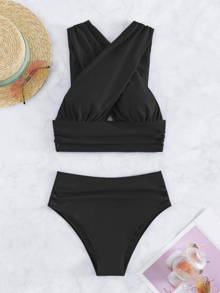 Női Fürdőruha Bikini 2 darab Bugyik Fürdőruha Nyitott hátú Vékony Magas derekú Szabadság Strandruházat Tömör szín Kötőfék nyaka Ujjatlan Fürdőruhák 2025 - $31.99 –P3