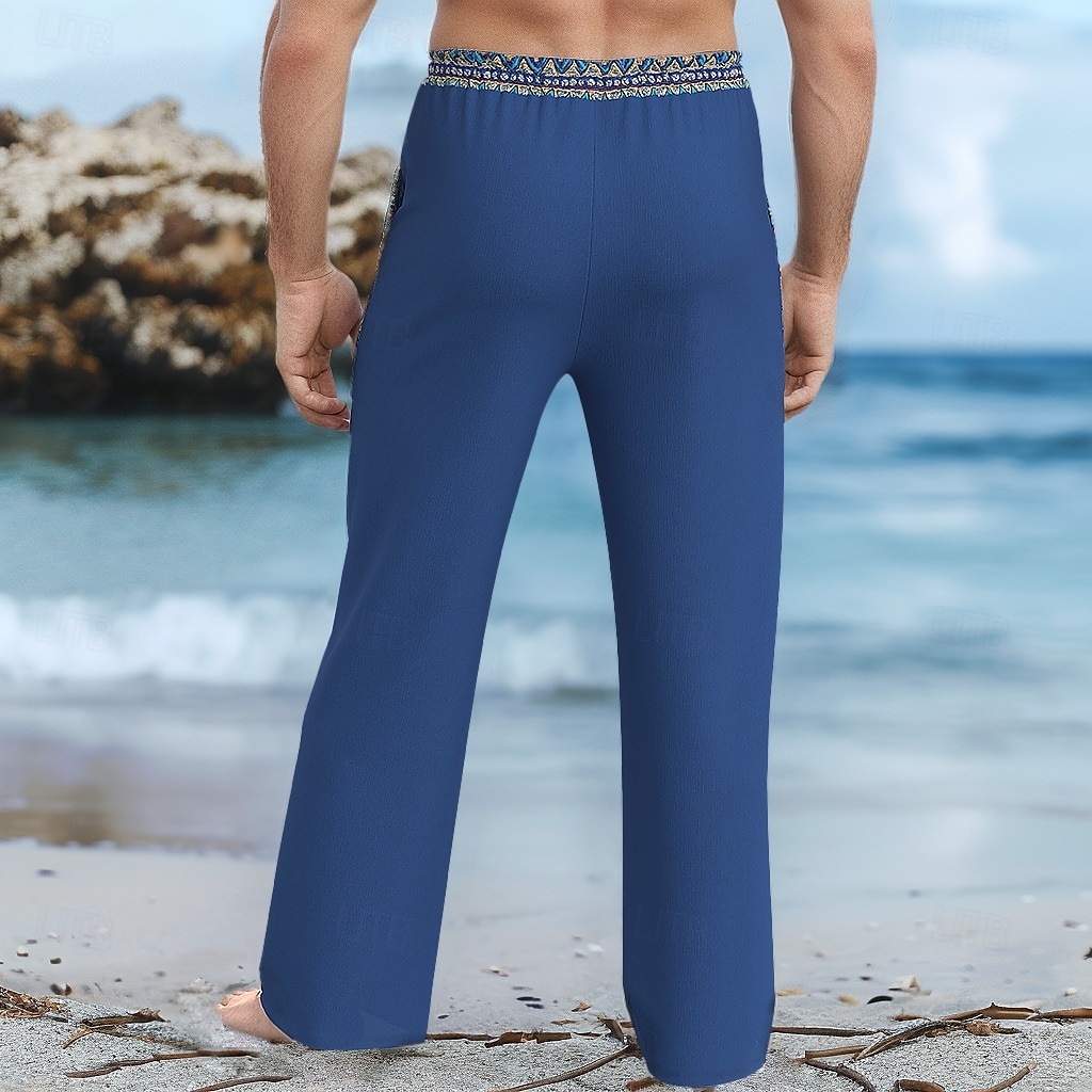 Homens Calças de linho Calças Calça verão Cintura elástica Com Cordão Perna reta Geométrica Conforto Respirável Comprimento total Casual Diário Feriado Férias Vintage Preto Branco de 2025 por $25.99 –P4