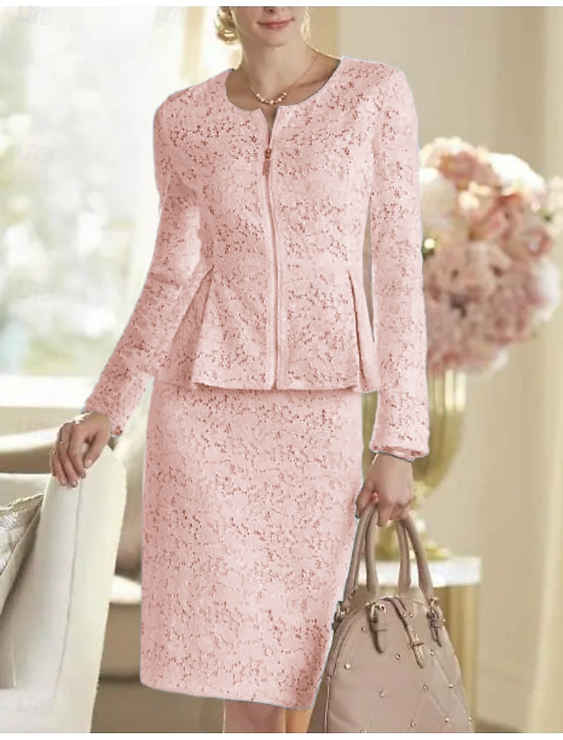 Abito a due pezzi madri della sposa abito ospite di matrimonio elegante festa scollo a barca lunghezza al ginocchio pizzo maniche lunghe giacca inclusa con abito da corsa a tinta unita taglia su del 2025 a $172.99 –P7
