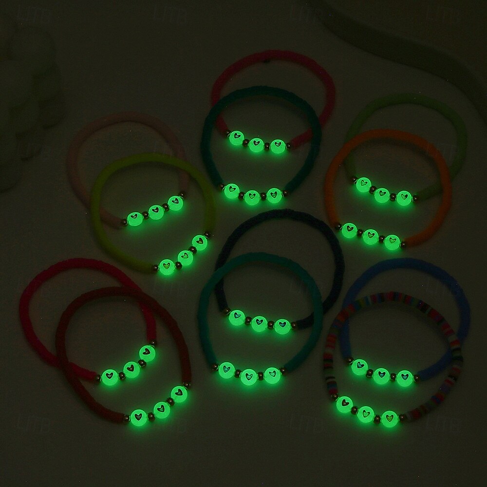 12st glöd-i-mörkret hjärtformade pärlor mjuk lera ccb elastiskt armbandsset, blandad färg, mode 2025 - $12.99 –P6