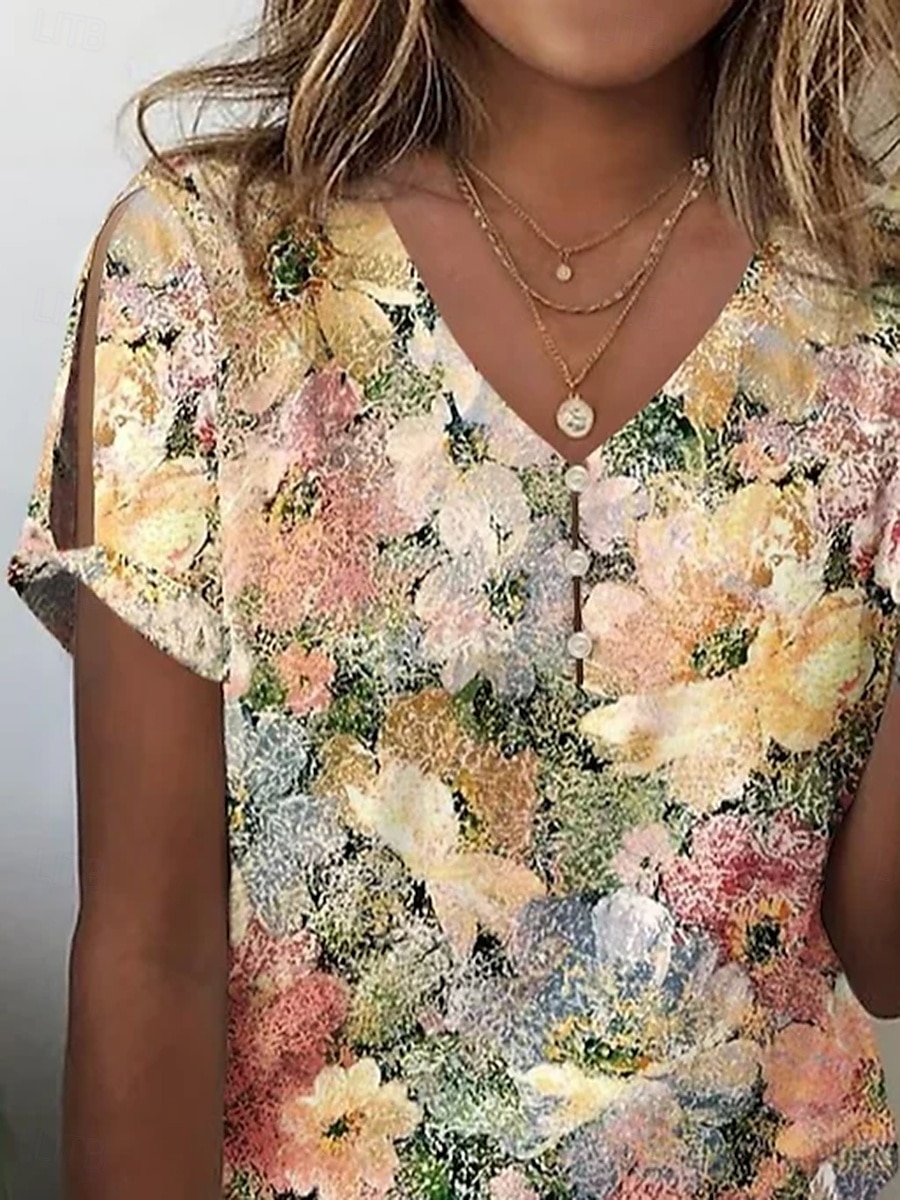 Blouse pour femmes graphique floral décontractée manches courtes col en V hauts réguliers quotidien impression jaune été de 2025 ? $27.99 –P3