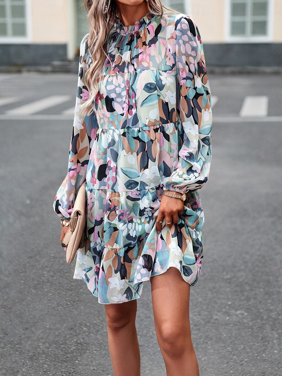 Women's Mini Dress Casual Dress A Line Dress Stylish Casual Vacation Daily Regular Fit Floral Long Sleeve Stand Collar Green Apricot Summer 2025 - $42.99 –P4