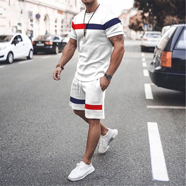 Men's T-shirt Suits 2 Pieces Outfits Tee & Shorts Short Sleeve Crewneck Summer Color Block Fashion Casual 2 Piece Vacation Daily Wear Going out Black Pink White Top Tee for Men 2025 - $27.99 –P5