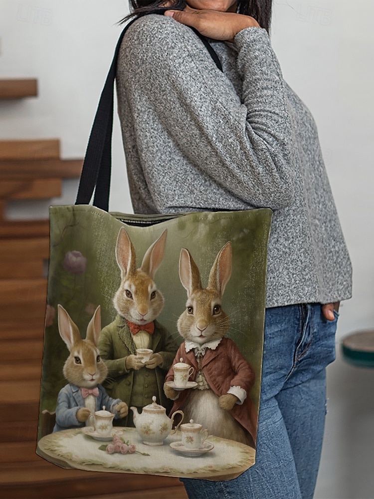tygpåse med kanin-tema för kvinnor - vintage tepartyillustration, hållbar canvas, perfekt för påsk, vårens utflykter 2025 - $14.99 –P1