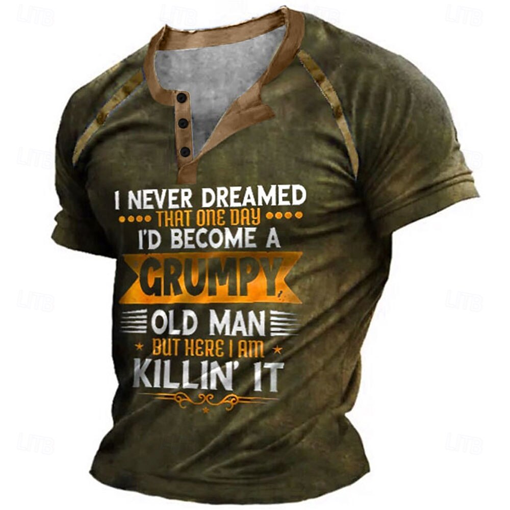 Birthday Mens Graphic Shirt Henley Tee Color Block Letter Clothing Apparel 3D Print Outdoor Casual Short Sleeve Patchwork Button Down Fashion Designer T-Shirt Black Cotton Grumpy Old Man Button-Down 2025 - $22.99 –P3