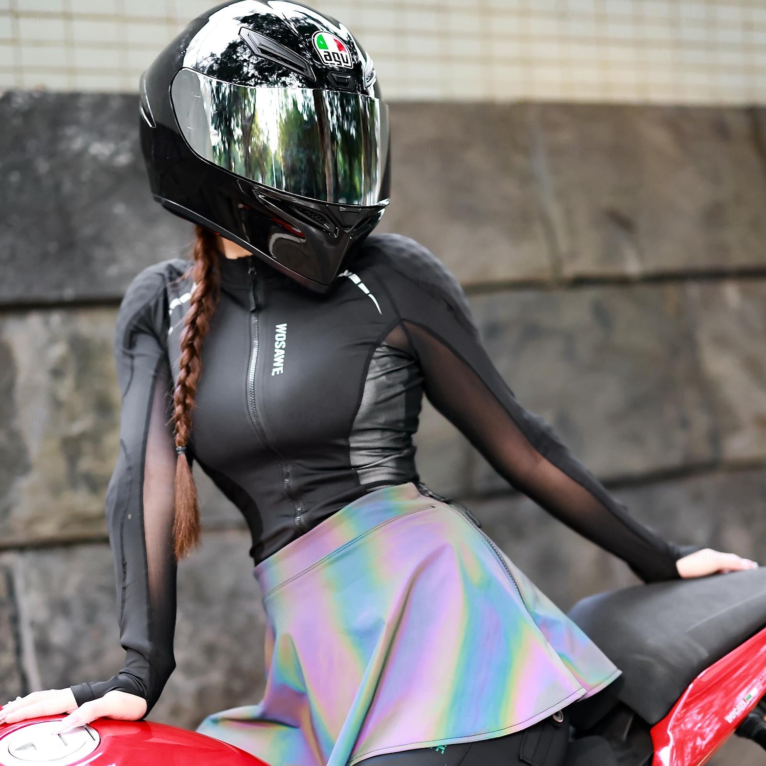 wosawe lente/zomer dames oogverblindende kleurrijke reflecterende stretch slanke eendelige fietstrui rok broek winddicht waterdicht fietsrok be118 2025 - $43.99 –P5