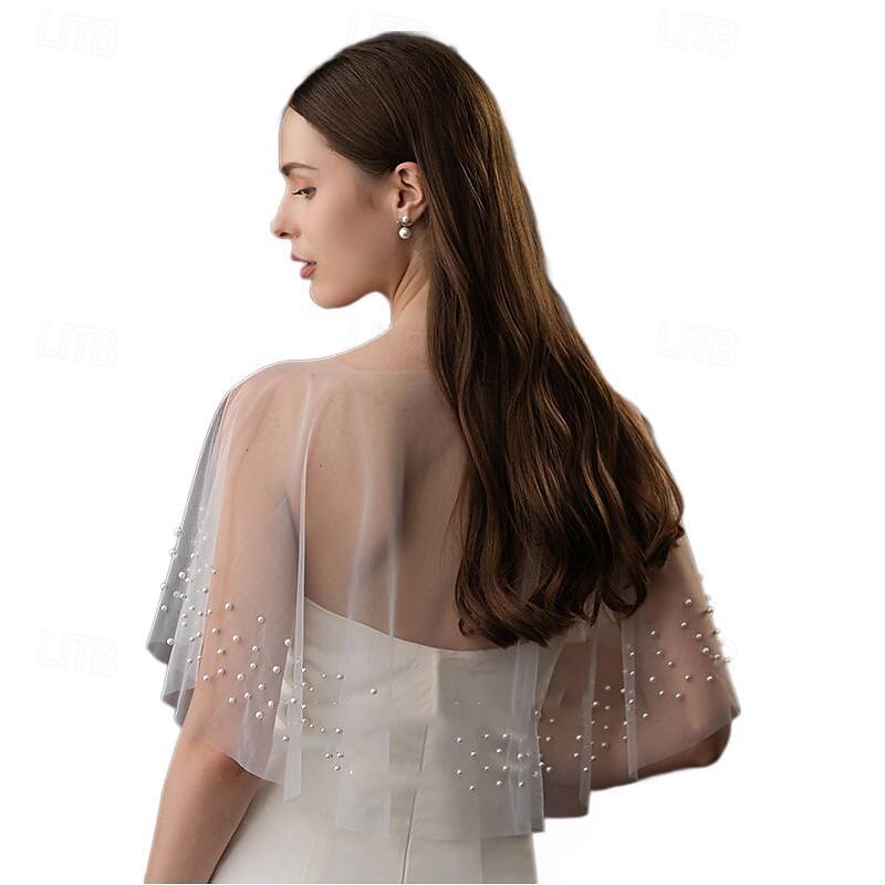 Brudeomslag Elegant Violer & Tyndere Kortermet Tyll Bryllup Wrap Med Imiterte Perler Til Bryllup Vår & Vinter 2025 - $32.99 –P5