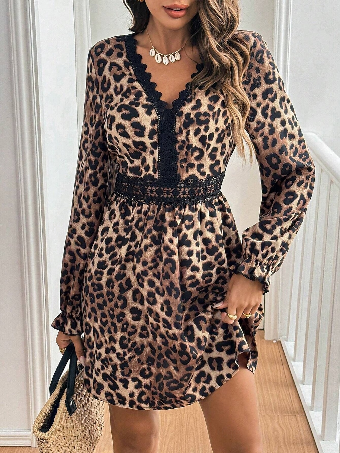 Damen Minikleid Casual kleid A Linie Kleid Boho-Kleid Stilvoll Brautkleider schlicht Urlaub Täglich Regular Fit Leopard Langarm V Ausschnitt Braun Sommer 2025 - $33.99 –P3