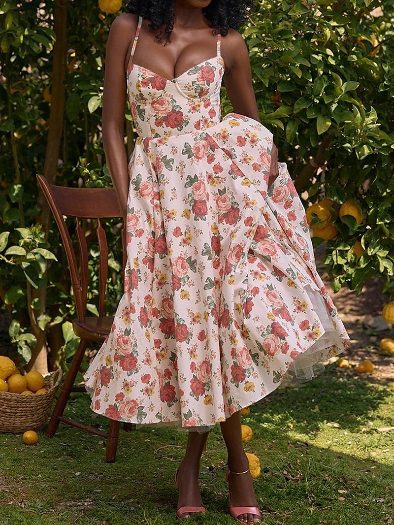 Retro Vintage 1950s Midi Dress Flare Dress Spaghetti Strap Corset Floral A-Line Women's Masquerade Wedding Vacation Tea Party Adults' Dress 2025 - GBP £21 –P11