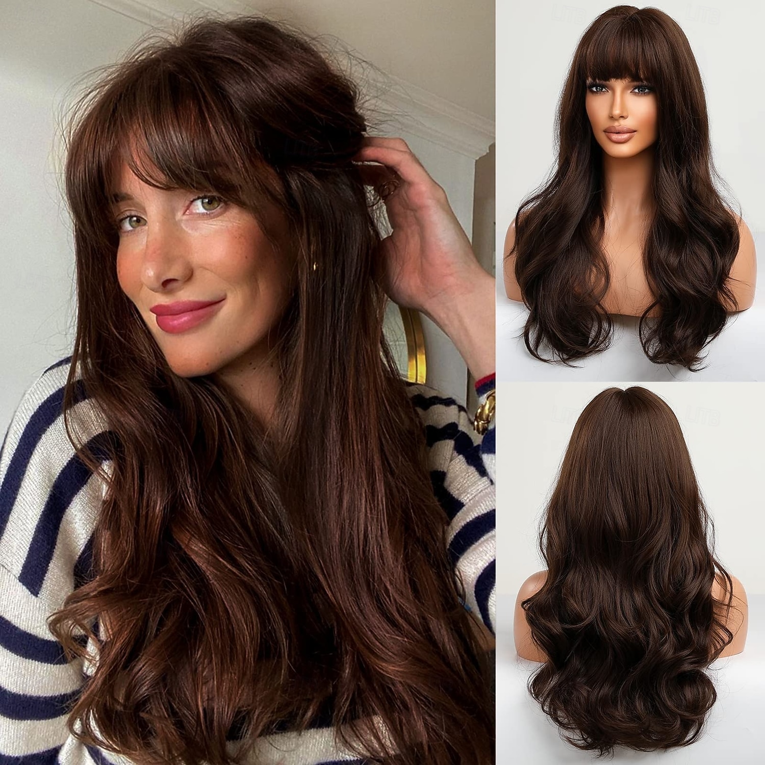 Long Brown Wig with Bangs Wave Curly Wigs for Women Heat Resistant Natural Synthetic Wig for Daily Use 2026 - $28.99 –P1