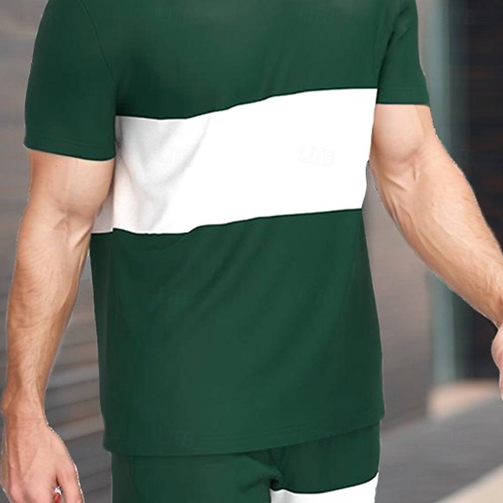 Men's Horizontal Stripes 2pcs Tees sets Summer Tops Short Sleeve Short Pants Crew Neck Sport Casual Outdoor Vacation Sport 3D Print Summer Green 2025 - $25.99 –P2