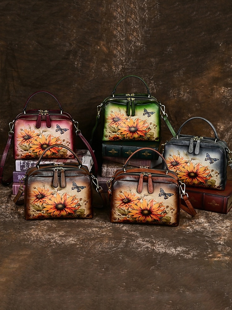 torebka ze skóry vintage z nadrukiem słonecznika i motyla – stylowa torebka typu crossbody dla kobiet, idealna na co dzień i na wyjścia na zewnątrz czerwony brązowy zielony 2025 - $64.99 –P3