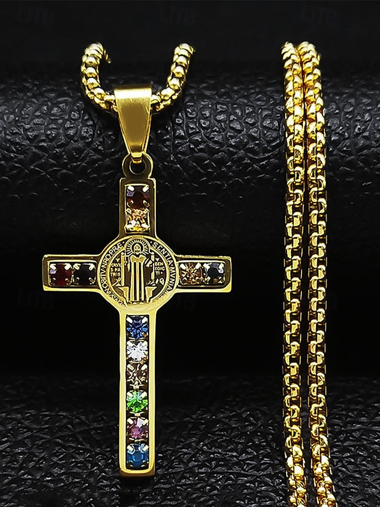 colar masculino de cruz banhado a ouro em aço inoxidável com pedras preciosas multicoloridas – pingente religioso, corrente estilosa para uso diário, presentes para ocasiões religiosas de 2025 por $14.99 –P5