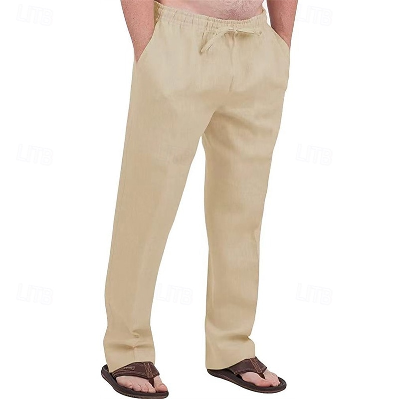 Men's Linen Pants Trousers Summer Pants Beach Pants Pocket Drawstring Elastic Waist Plain Comfort Breathable Vacation Daily Holiday Hawaiian Boho ArmyGreen Black 2025 - $20.99 –P3