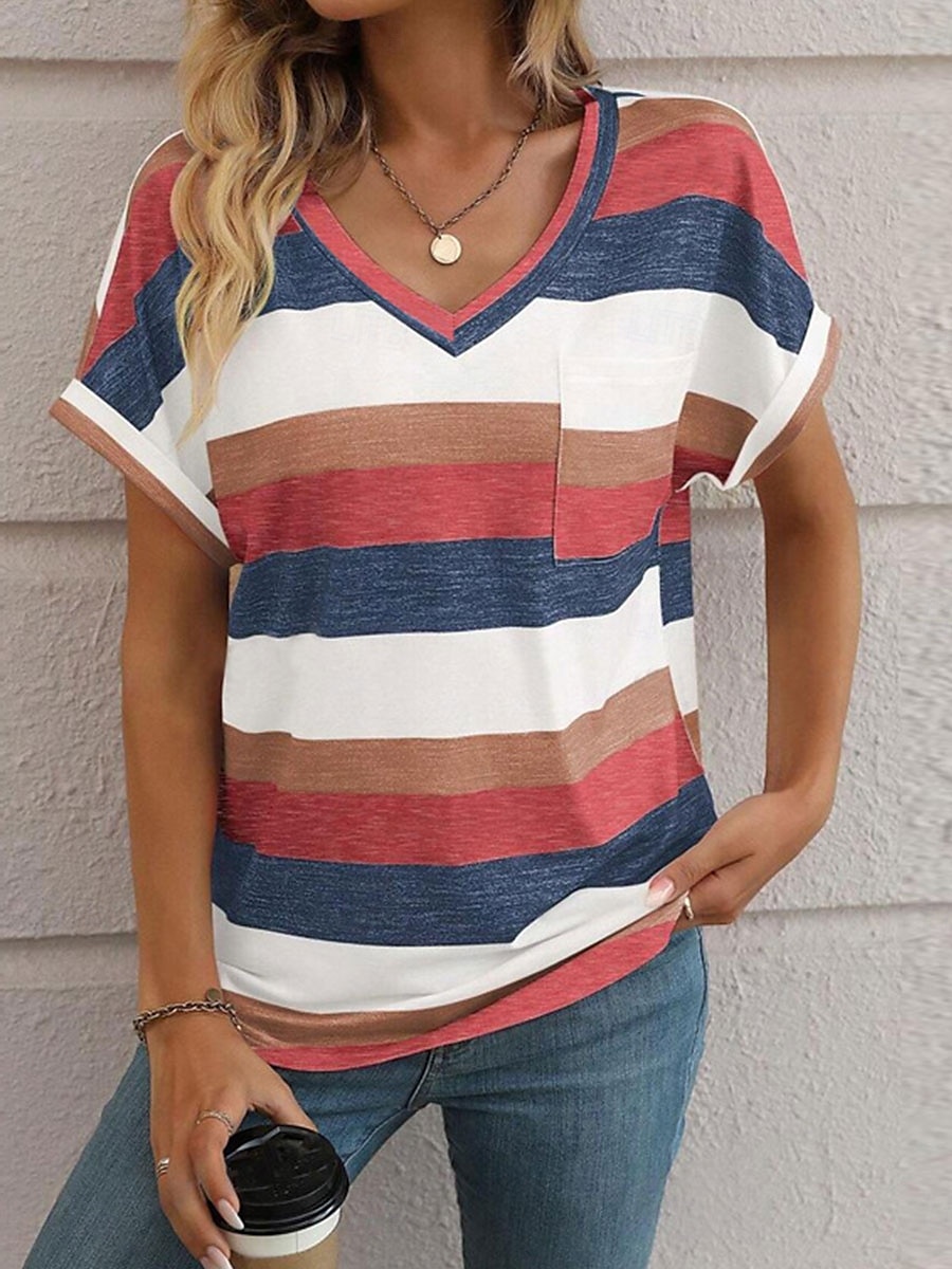 Women's T Shirt Striped Fashion Modern Casual Short Sleeve V Neck Regular Tops Daily Weekend Pink Wine Sky Blue Summer Spring 2025 - $21.99 –P1