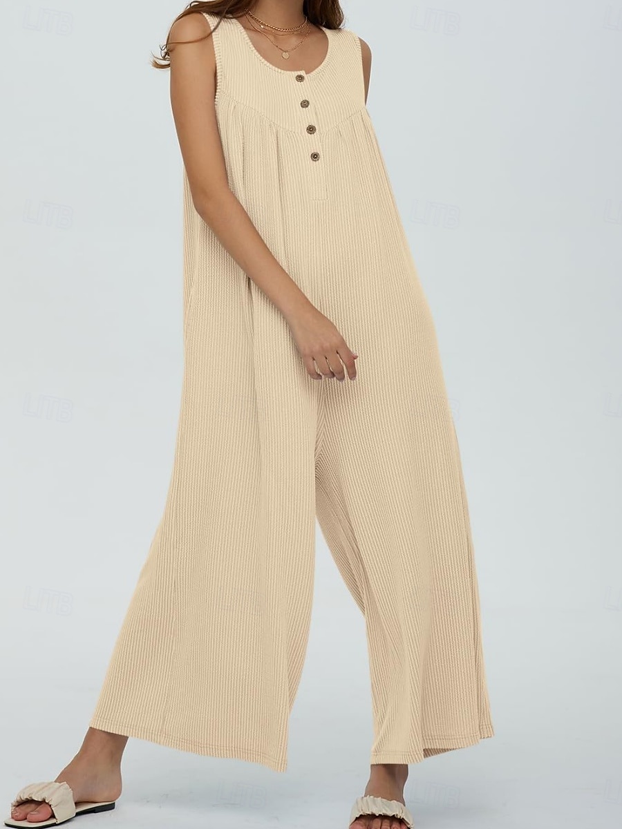 Női Szabályos Jumpsuitek Aktív Tömör szín Ujjatlan U-alakú Gombok Zseb Vakáció Napi Normál Fekete Sötétkék Medence Nyár 2025 - $32.99 -P4