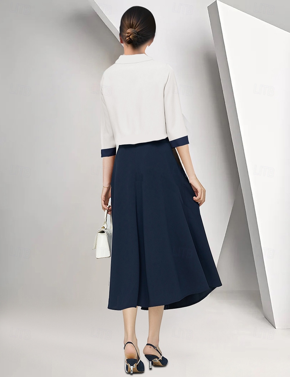 Conjunto de Vestido Mãe da Noiva Elegante Vintage Simples Decote Redondo Comprimento do Chá Tecido Elástico Manga 3/4 com Vestido Sem Mangas Decote Redondo Laço(s) Bloco de Cor Vestido Dia da Corrida de 2025 por $161.99 –P2
