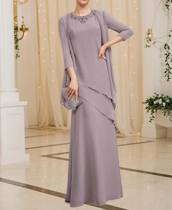 Zweiteiliges Kleid der Mutter der Braut Elegant Vintage Einfach Juwel-Ausschnitt Bodenlang Chiffon 3/4 Länge Ärmel Jackett Kleider mit Pailletten Beading Kaskadierende Rüschen 2025 - $203.99 –P5