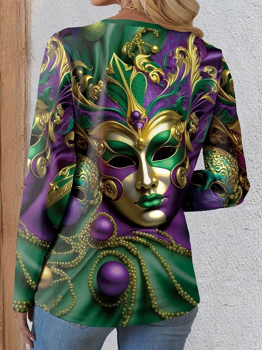 Mardi gras Dame T skjorte Grafisk Fritid Langermet Crew-hals Vanlige topper Daglig Trykt mønster Grønn Vår Høst 2025 - $22.99 –P3