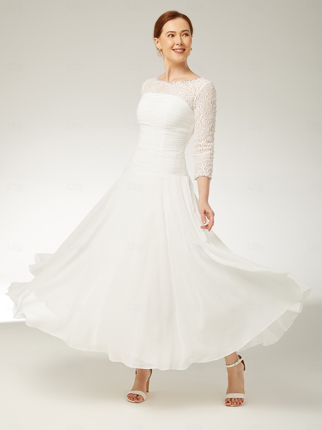 A-Line Mother of the Bride Dress Wedding Guest Elegant Crew Neck Ankle Length Chiffon Lace 3/4 Length Sleeve with Sequin Ruching 2025 - $188.99 –P4