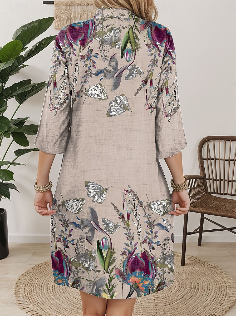 Women's Mini Dress Casual Dress Stylish Basic Casual Vacation Daily Regular Fit Floral 3/4 Length Sleeve V Neck Khaki Summer Spring 2025 - €32.99 –P2