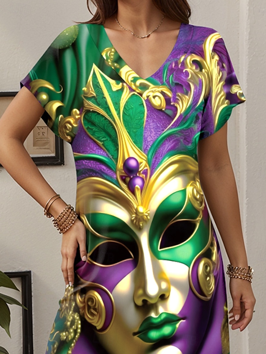 Carnival Women's Maxi Dress Sundress Shift Dress Summer Dress Vintage Drop Shoulder Cocktail Party Loose Fit Short Sleeve V Neck Green Summer Spring 2025 - $28.99 –P2